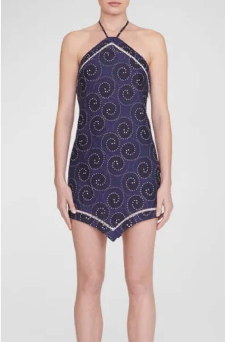 Staud Megan Printed-Linen Halter Mini Dress